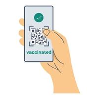 Qr code about vaccination against covid. The electronic code is in the phone. Mans hand holds screen on which there is a green text about vaccination. Vector illustration