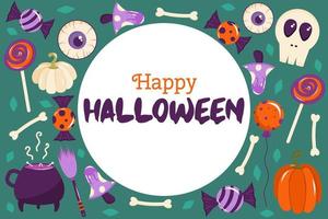 Happy Halloween banner in a circle with place for text. There are pumpkins, bones, mushroom, and eyeballs scattered on the background. Vector illustration for postcards or layouts