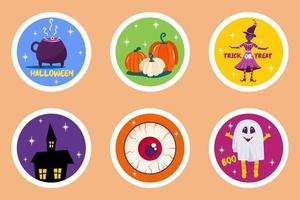 Set Halloween stickers in round shape with pumpkins, creepy house, witch skull and happy Halloween inscriptions. The stickers are cute with a white outline. Vector illustration in cartoon style