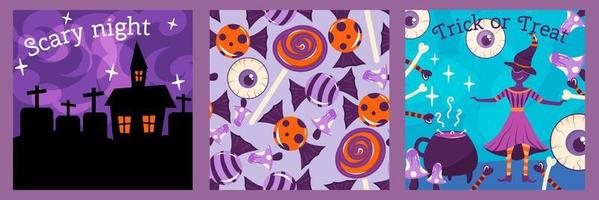 Set of Halloween posters with a witch, candy and a creepy house. Cute illustrations with characters and seamless pattern. Vector illustration in cartoon style.