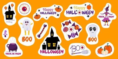 Set of free-form Halloween stickers with pumpkins, creepy house, a witch skull and happy Halloween inscriptions. The stickers are cute with white outline. Vector illustration in cartoon style