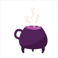 The witch's cauldron with potion for the Halloween holiday is isolated on a white background. A pot with bubbling bubbles for decoration. Vector illustration in cartoon style