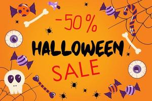 Banner for a Halloween sale. Orange background with inscription sale 50 percent. The decor of the template is made of cobwebs, bones, sweets, chrepa. Attractive cartoon-style cover. vector