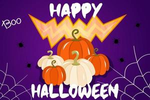 Vector illustration with a banner for Halloween or an invitation to a party with cobwebs, pumpkins and a sinister mouth on a purple background. Happy test for Halloween, a traditional autumn holiday.