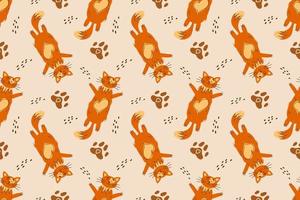 Seamless pattern with orange cat lying on its back. The pet is resting and relaxing. Seamless pattern for children with a cat. Vector illustration in flat style