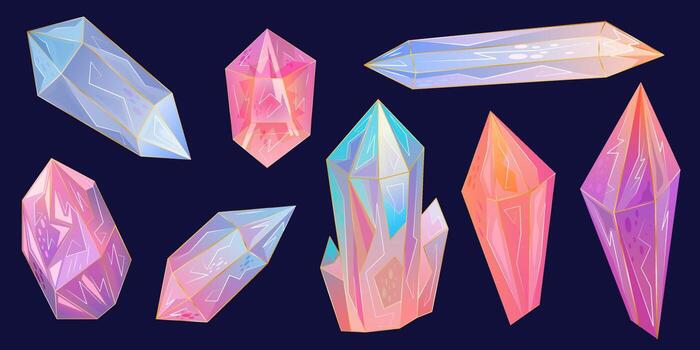 El conjunto es una hermosa piedra preciosa, los cristales son un diseño excelente para cualquier propósito. textura de arco iris con líneas doradas. el diseño vectorial está aislado en un fondo oscuro en un estilo de dibujos animados. una joya para juegos vector