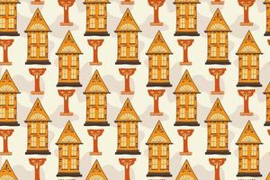 Seamless pattern with handmade houses, handdraw. A house with windows and roofs, a bowl for a fountain in a diagonal layout. Vector illustration