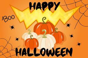 ilustración vectorial con banner para halloween o invitación a la fiesta con telarañas, calabazas y una boca siniestra sobre un fondo naranja. prueba de feliz halloween, una fiesta tradicional de otoño