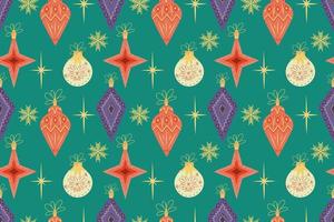 Seamless retro pattern with Christmas balls and snowflakes. Vector illustration in a simple modern mid-century style in vintage tones. Christmas pattern for gifts