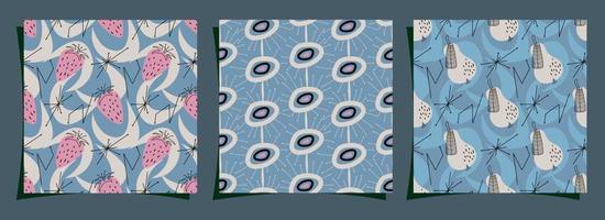 Set Geometric seamless pattern of Mid-Century Modern style design with abstraction and strawberries. Vector illustration in a simple. Pattern with abstractions and fruits in a retro vintage style.