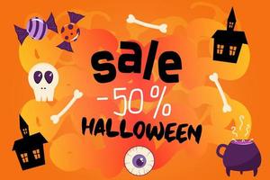 banner para una venta de halloween. fondo naranja con inscripción venta 50 por ciento. la decoración de la plantilla está hecha de telarañas, huesos, dulces, chrepa. atractiva portada de estilo de dibujos animados vector