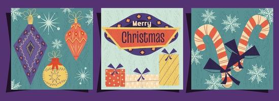 un juego de fundas de feliz navidad en un estilo retro vintage. letrero, juguetes navideños y dulces en postales con textura. ilustración vectorial de diseño de estilo moderno de mediados de siglo. vector