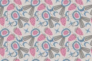 Geometric seamless pattern in a modern mid-century style. Vector illustration in a simple. A pattern with abstractions of flowers and stars, fruit in a retro-vintage style