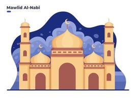 Ilustración de celebración de cumpleaños de mawlid al nabi muhammad con edificio de mezquita. cumpleaños del profeta muhammad. se puede utilizar para tarjetas de felicitación, invitaciones, carteles, pancartas, web. vector