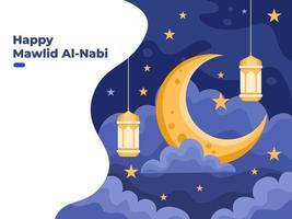 Mawlid al Nabi or Prophet Muhammad birthday illustration with moon, stars, and hanging light lanterns. can be used for greeting card, post card, web, banner, social media post. vector