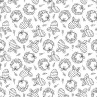 Christmas wreath and pine cone in seamless doodles pattern. vector