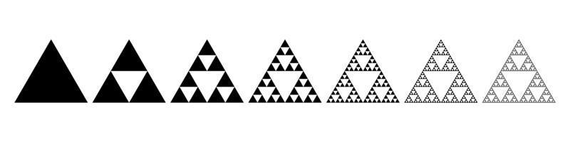 Evolution of the Sierpinski triangle. Steps constructing mathematical geometric endless fractal Sierpinski gasket. Pyramid with an infinite pattern isolated on white vector