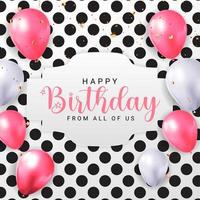 Happy Birthday congratulations banner design with Confetti, Balloons and Glossy Glitter Ribbon for Party Holiday Background. Vector Illustration