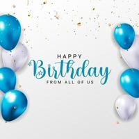 Happy Birthday congratulations banner design with Confetti, Balloons and Glossy Glitter Ribbon for Party Holiday Background. Vector Illustration