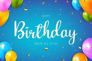 Happy Birthday congratulations banner design with Confetti, Balloons and Glossy Glitter Ribbon for Party Holiday Background. Vector Illustration