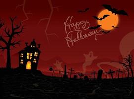 Halloween night background with ghosts, haunted house, and full moon. Flyer or invitation template for Halloween party. Vector illustration for the cover of the site.