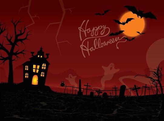 Halloween night background with ghosts, haunted house, and full moon. Flyer or invitation template for Halloween party. Vector illustration for the cover of the site.