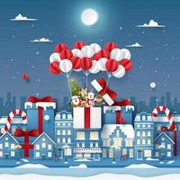 Origami Paper art of cute Christmas character on balloon in town with snowing vector