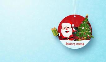 Christmas circle tag banner and hanging rope on blue snowflake background vector