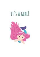 Poster, greeting card with cute little mermaid. Vector, cartoon style. vector