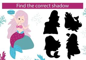 Mermaid and underwater world. Find the right shadow. Educational game. vector