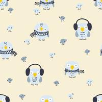 Cartoon style winter seamless pattern with owls and small birds. vector