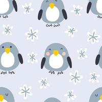 Cartoon style winter penguins with snowflakes seamless pattern vector