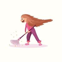 The girl is sweeping the floor. Vector illustration in flat style