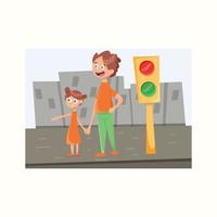 Dad and daughter cross the road. Vector illustration in flat style