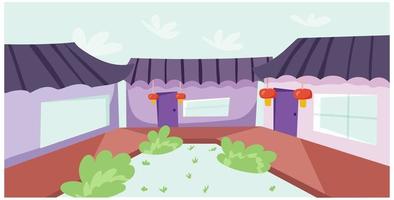 Nice courtyard in china. Vector illustration in flat style