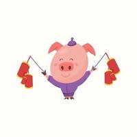 The pig is celebrating a Chinese holiday. Vector illustration in flat style