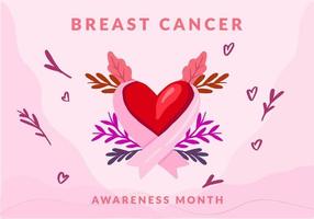 Dibujar a mano pancarta del mes de concientización sobre el cáncer de mama con lazo de cinta, corazón y plantas de flores. vector
