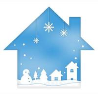 ilustración de estilo de corte de papel de temporada de invierno de nieve casa de muñeco de nieve vector