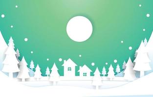 casa de nieve pinos invierno papercut papel cortado estilo ilustración vector