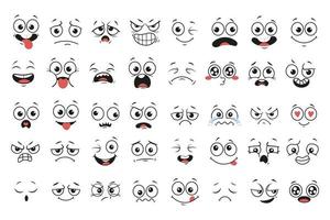 caras de dibujos animados. ojos y boca expresivos, sonriendo, llorando y expresiones de cara de personaje sorprendido. Caricatura de emociones cómicas o doodle de emoticonos. conjunto de iconos de ilustración de vector aislado