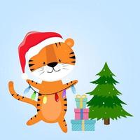 Tiger with a Christmas tree and lights. New Year's card 2022. vector