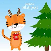 Tiger with a Christmas tree and coffee mug with marshmallows. New Year's card 2022. vector