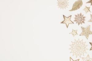 Christmas flatlay decor background on the white wooden table. photo