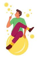 Man is Enjoy Blowing Bubbles While Sitting on the Big Bubble. vector