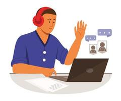 Freelance Man is Online Working with Laptop and Listening from Headphones. vector