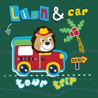 León y coche de dibujos animados divertidos vector