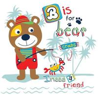 bear with crab playing in the beach funny cartoon vector