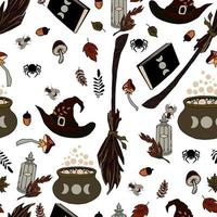 vector seamless pattern halloween eps . Doodle potion and wiccan symbols,  mushrooms and autumn leaves