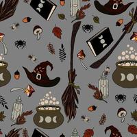 vector seamless pattern halloween eps . Doodle potion and wiccan symbols,  mushrooms and autumn leaves