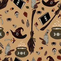 vector seamless pattern halloween eps . Doodle potion and wiccan symbols,  mushrooms and autumn leaves